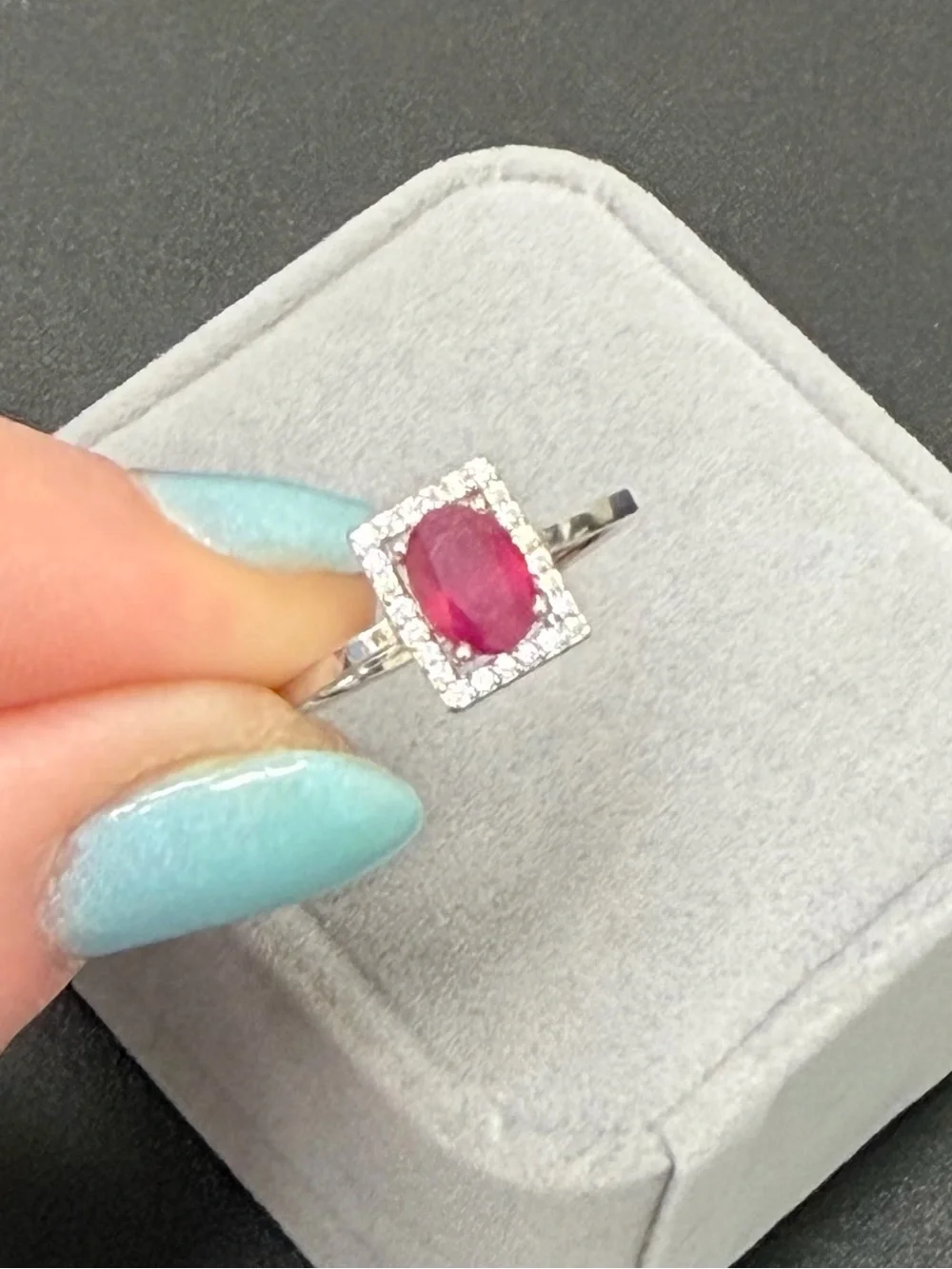 Stunning Natural Red Ruby .90CT w/ Rectangle Halo 925 Sterling Silver Sz 6.75